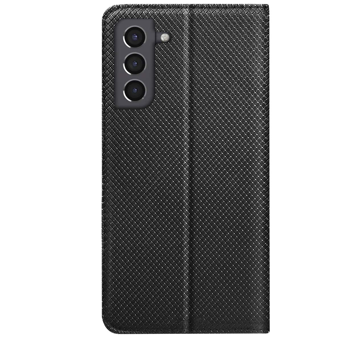 Custodia per telefono nera con superficie strutturata. Dispone di un modulo fotocamera a tre lenti sul lato sinistro.