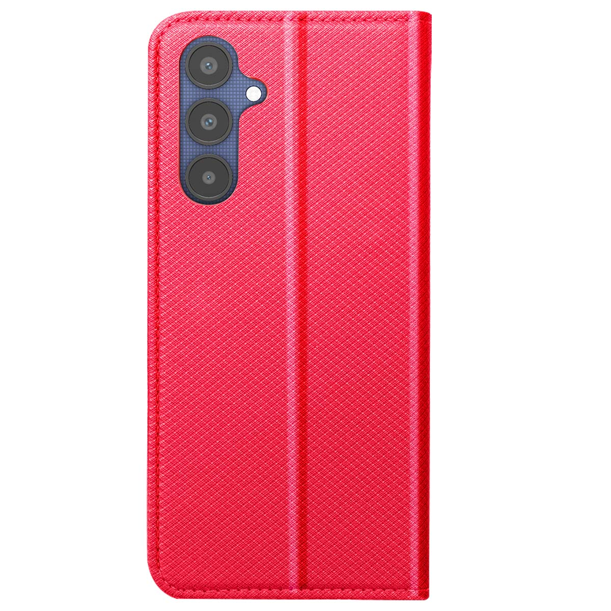 Una custodia rossa per telefono con ritaglio per fotocamera a tre lenti. La custodia ha un motivo testurizzato e una chiusura magnetica.