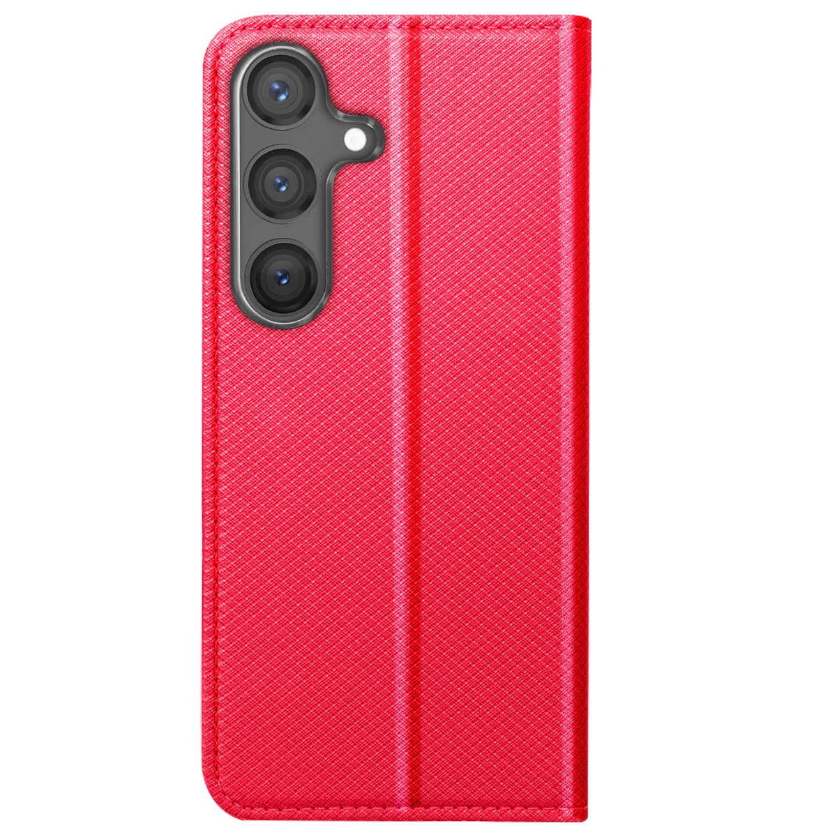 Viene mostrata una custodia rossa per telefono con una superficie strutturata. Il modulo fotocamera con tre lenti è visibile sul lato sinistro.