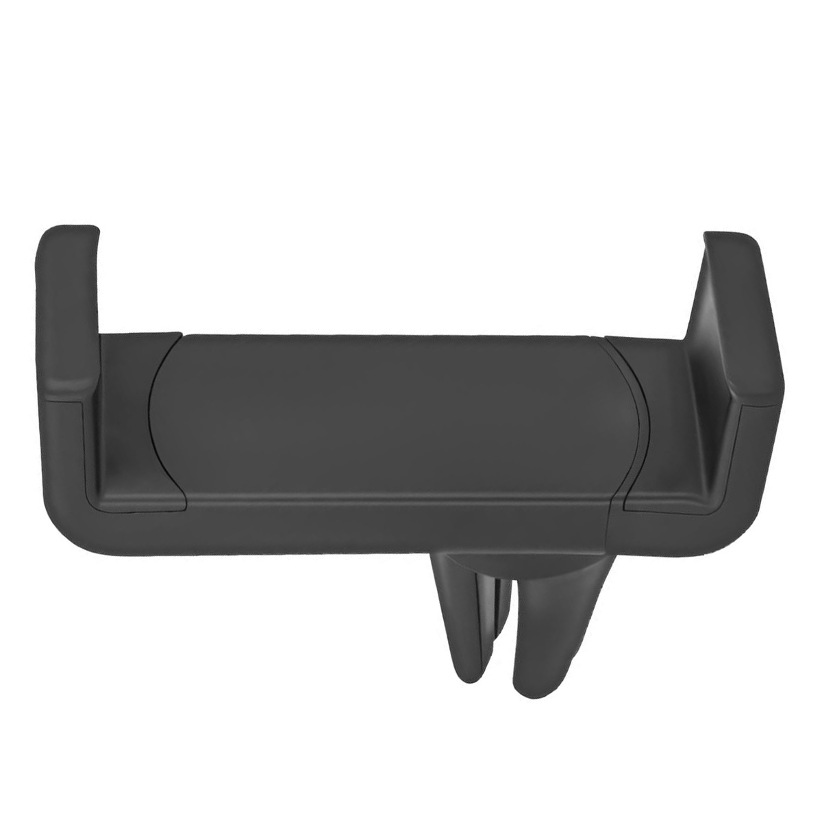 Un supporto nero per telefono da auto. Ha due prese laterali e un corpo centrale con clip per l'aerazione.