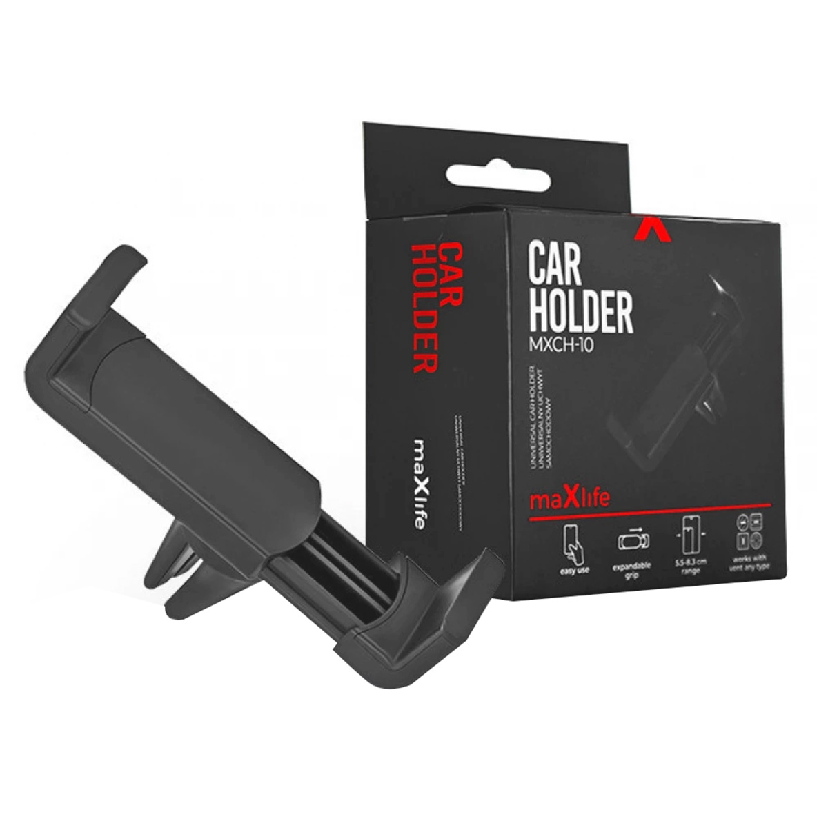 Un supporto per telefono da auto nero e la sua scatola sono in mostra. La scatola riporta le scritte "CAR HOLDER" e "maxLife".