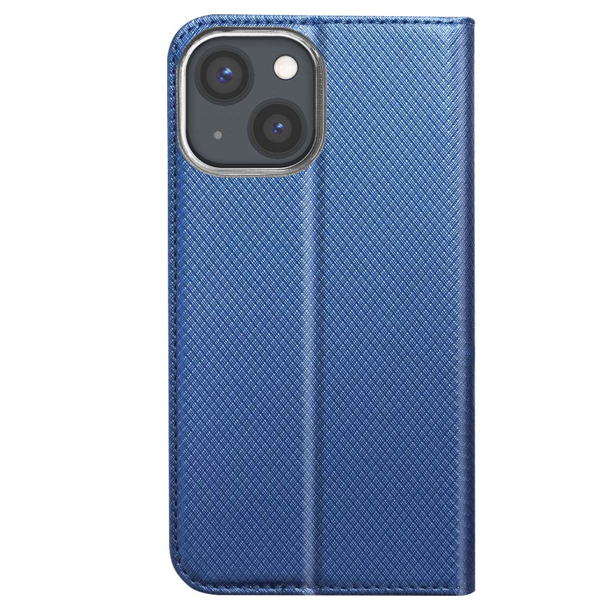 Viene mostrata una custodia blu per telefono, con la fotocamera del telefono visibile. La custodia ha una superficie strutturata ed è chiusa.