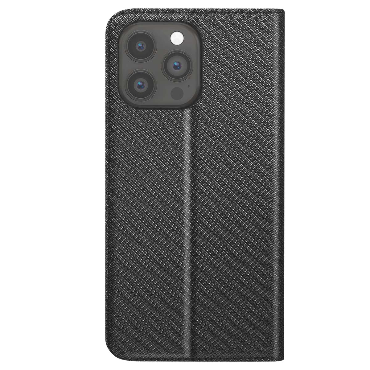 Custodia per telefono nera strutturata. Presenta un ritaglio per la fotocamera e una copertura ripiegabile. La custodia è chiusa e mostra un motivo dettagliato.