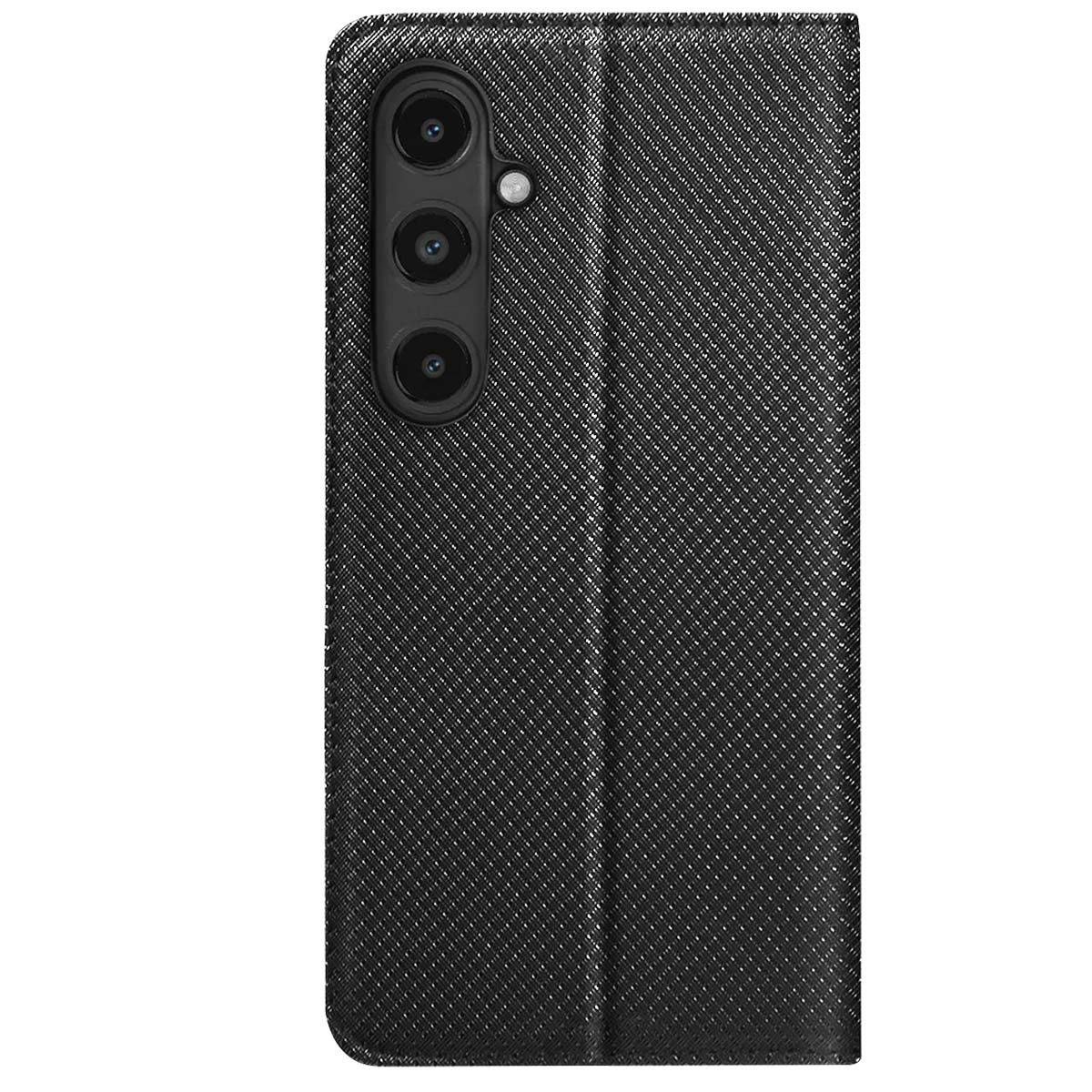 Custodia per telefono nera con superficie strutturata. Presenta obiettivi della fotocamera. La custodia è aperta.