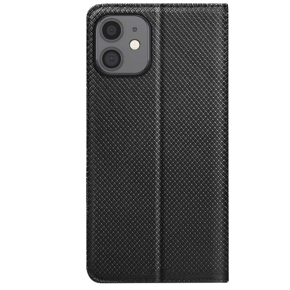 Custodia per telefono nera con superficie strutturata, aperta. Presenta una fotocamera a doppia lente e flash. La custodia è chiusa a destra.