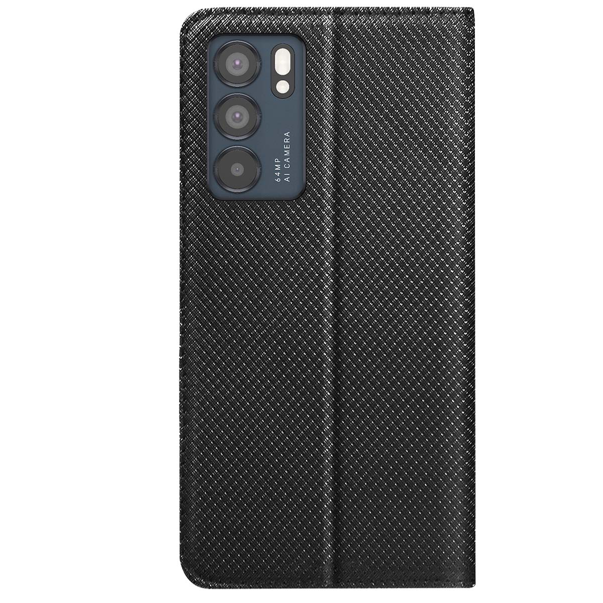 Custodia per telefono nera con superficie strutturata e modulo fotocamera. La fotocamera ha tre obiettivi e un flash. La custodia è aperta.