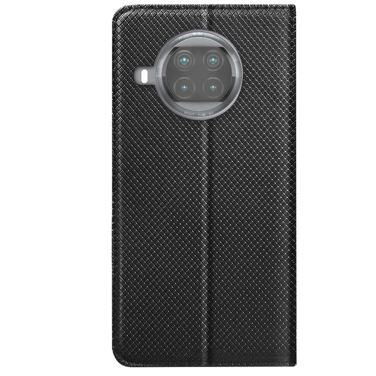 Custodia per telefono nera con modulo fotocamera. La custodia è strutturata e ha un design pieghevole.