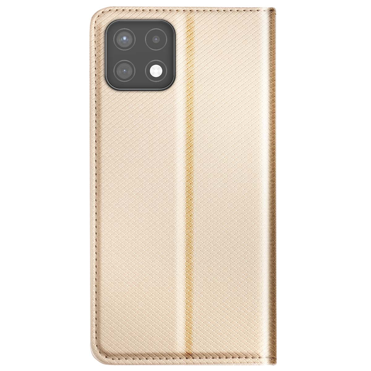 Una custodia per telefono beige con un modulo fotocamera. La custodia ha una superficie strutturata. Il modulo fotocamera ha quattro lenti.