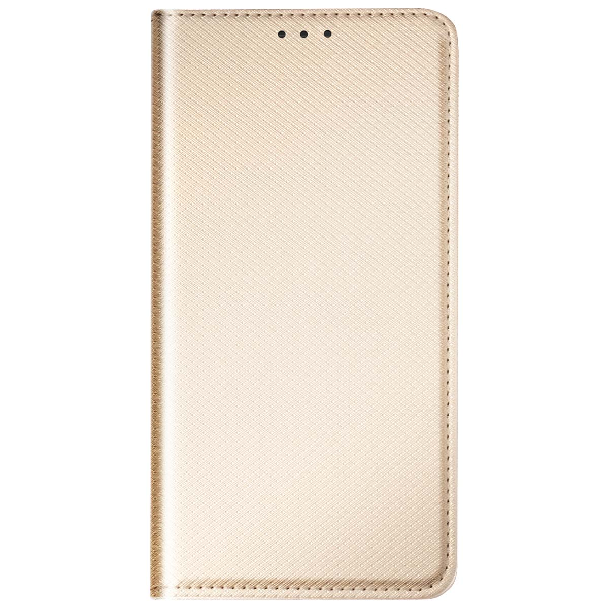 Viene mostrata una custodia per telefono beige. Ha una superficie strutturata con tre piccoli fori nella parte superiore. I bordi sono cuciti.