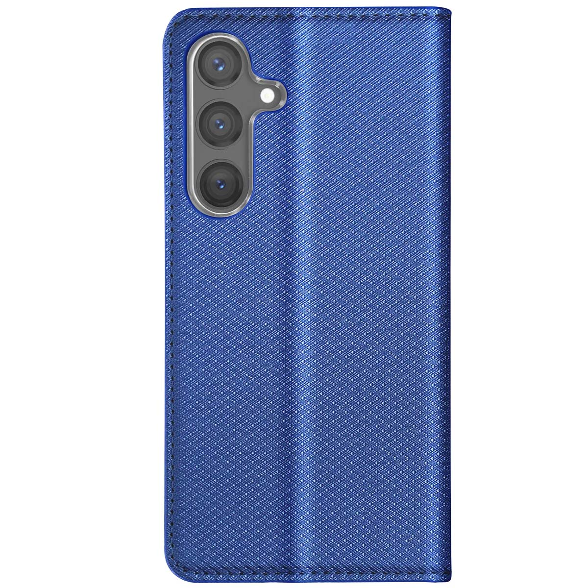 Una custodia blu per telefono con un motivo strutturato. Ha un modulo fotocamera sul lato sinistro con tre lenti.