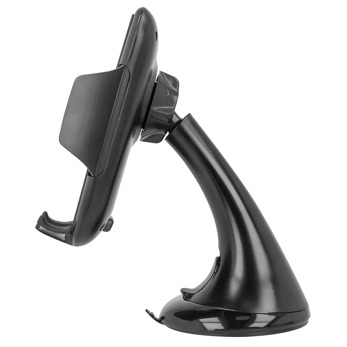 Un supporto nero per telefono da auto. Ha una base a ventosa e un braccio curvo, con un morsetto per tenere il telefono.
