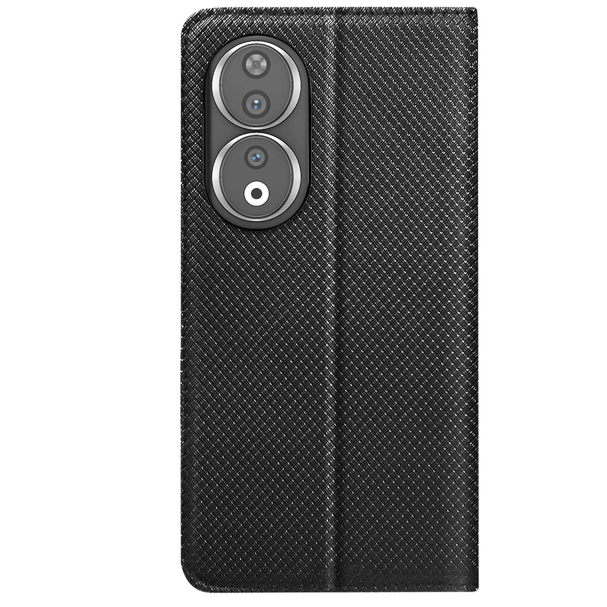 Una custodia nera per telefono con motivo strutturato. Ha un modulo fotocamera con due lenti e un flash. La custodia è chiusa.