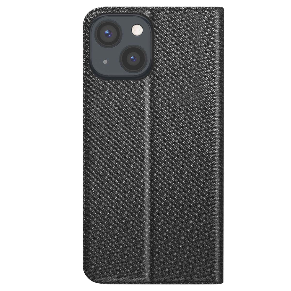 Una custodia per telefono nera con superficie strutturata. Ha un ritaglio per la fotocamera in alto e un design pieghevole.