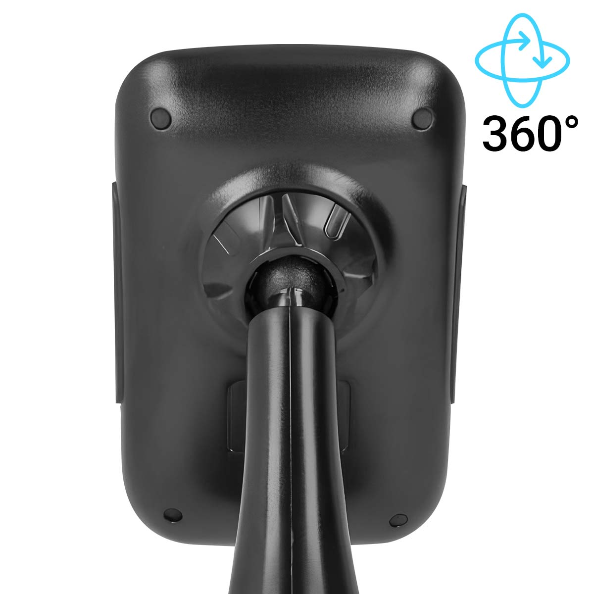 Un supporto nero per telefono da auto, con simbolo di rotazione a 360°, su sfondo bianco.