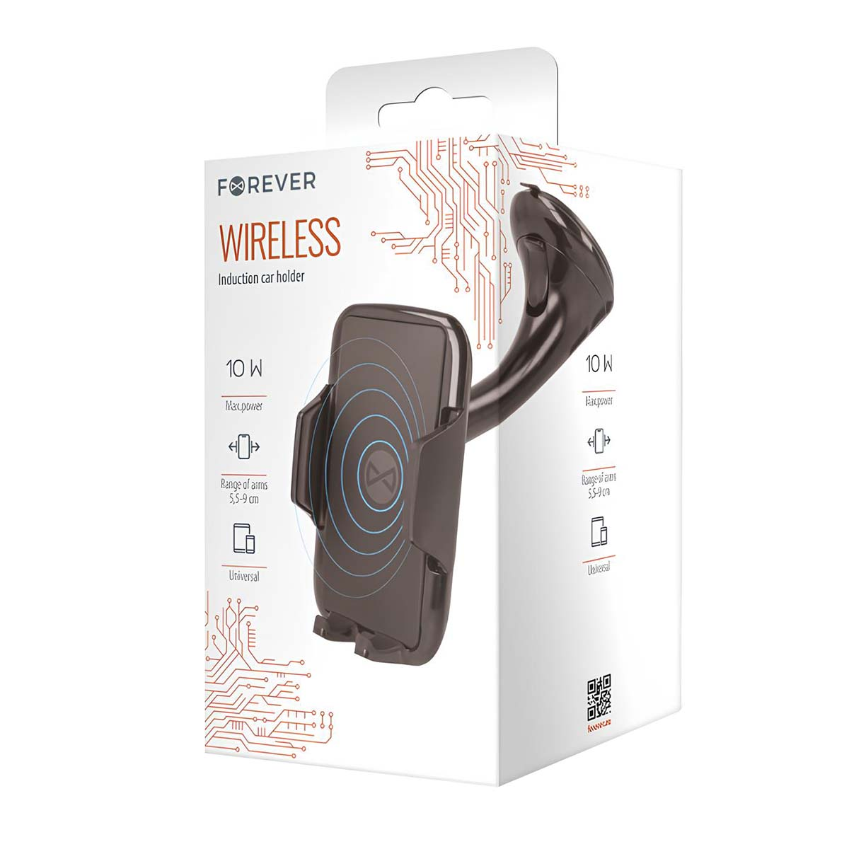 Un supporto per telefono da auto wireless è esposto sulla sua scatola. La scatola è bianca con il marchio FOREVER. Il supporto è nero.