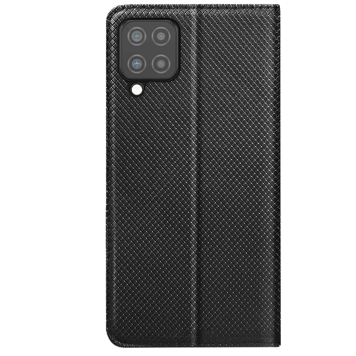 Custodia per telefono nera con superficie strutturata. Ha un modulo fotocamera con quattro lenti e un flash.