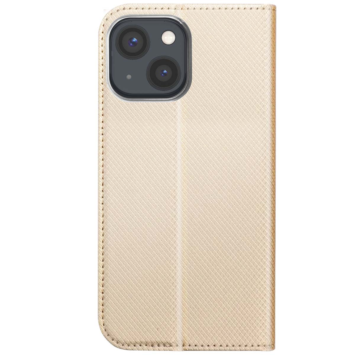 Una custodia beige per telefono con fotocamera iPhone. La custodia ha un motivo strutturato e le cuciture sono visibili sui bordi.