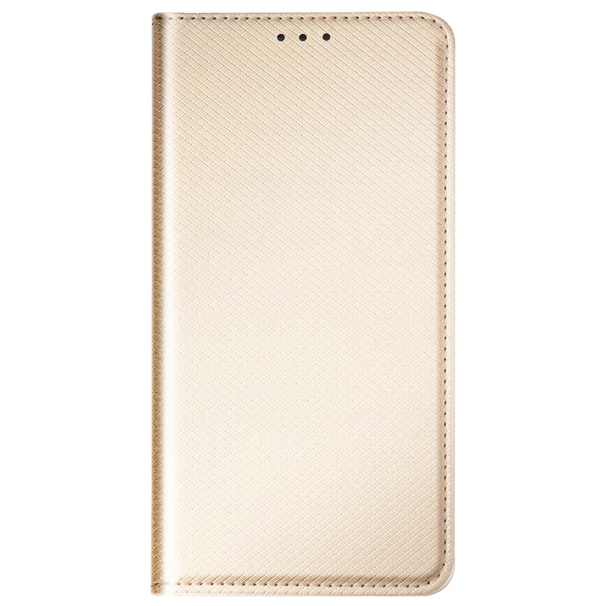 Una custodia per telefono beige con superficie strutturata e tre piccoli fori nella parte superiore. I bordi sono cuciti.