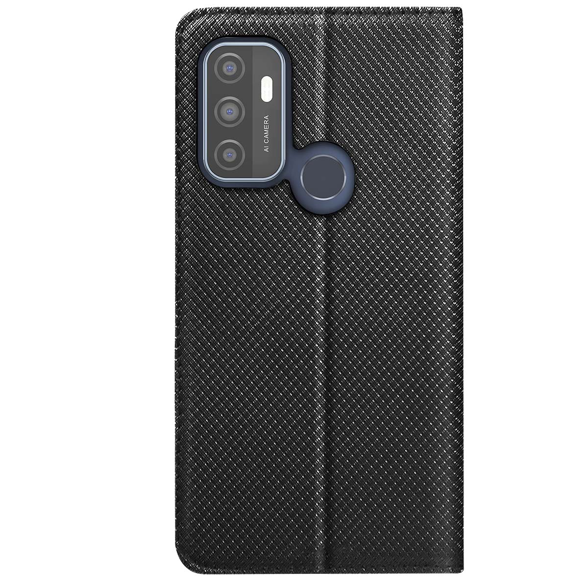Custodia nera per telefono con motivo strutturato. La fotocamera è visibile in alto. La custodia è chiusa.