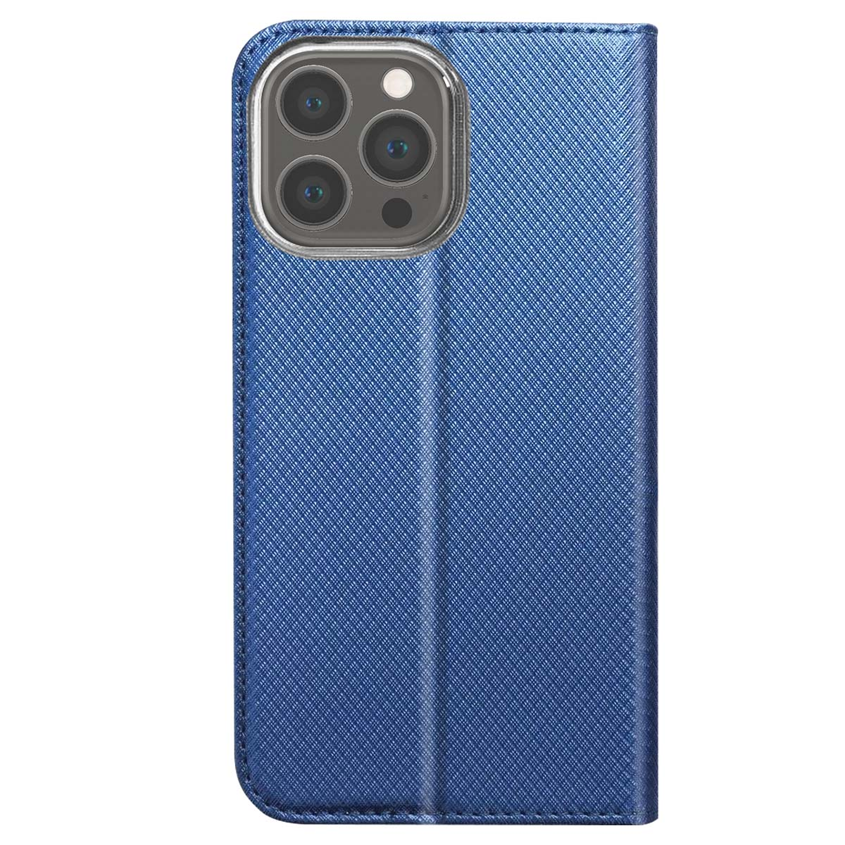 Una custodia blu per telefono con superficie strutturata. L'area della fotocamera è visibile. La custodia è aperta, rivelando l'interno.