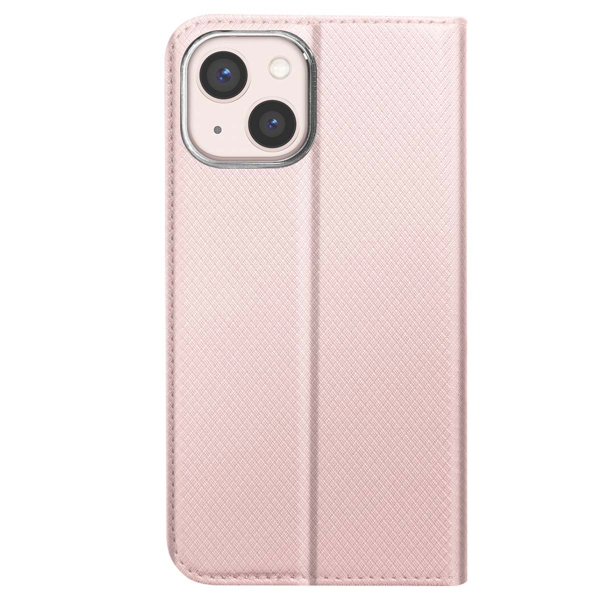 Una custodia rosa per telefono con telefono visibile. È chiusa. Obiettivi della fotocamera visibili in alto a sinistra.