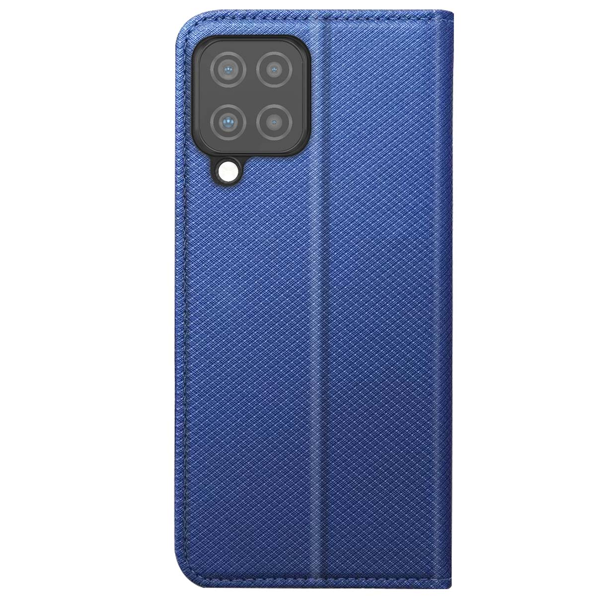 Una custodia blu per telefono con superficie strutturata e ritagli per la fotocamera. Sembra essere una custodia a portafoglio, con una copertura frontale.