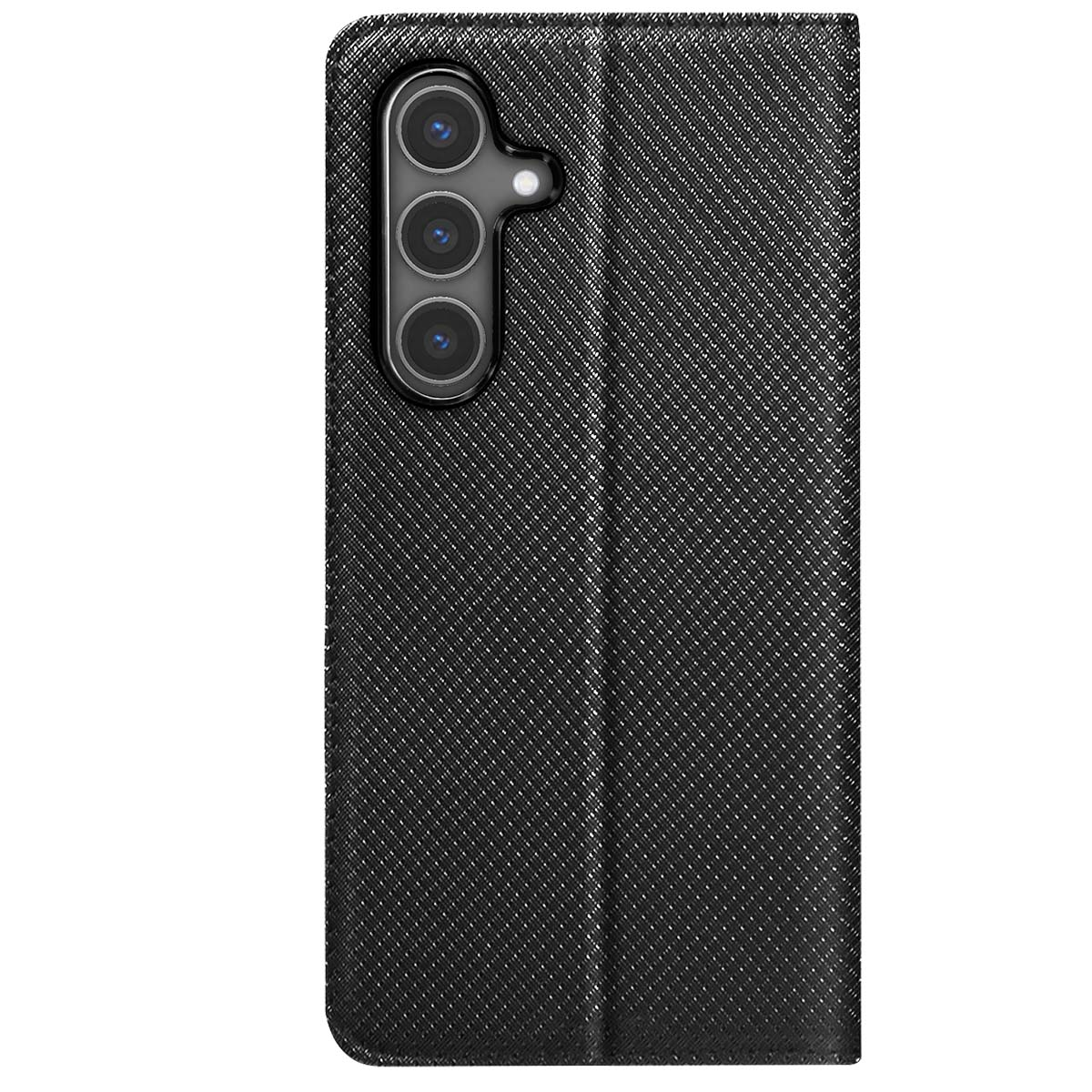 Custodia per telefono nera con superficie strutturata. Presenta un modulo fotocamera a tripla lente. La custodia è chiusa, coprendo lo schermo.