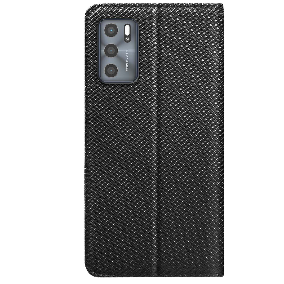 Una custodia per telefono nera con superficie strutturata. Ha una tripla fotocamera e la scritta 'TRIPLE CAM'. È chiusa.