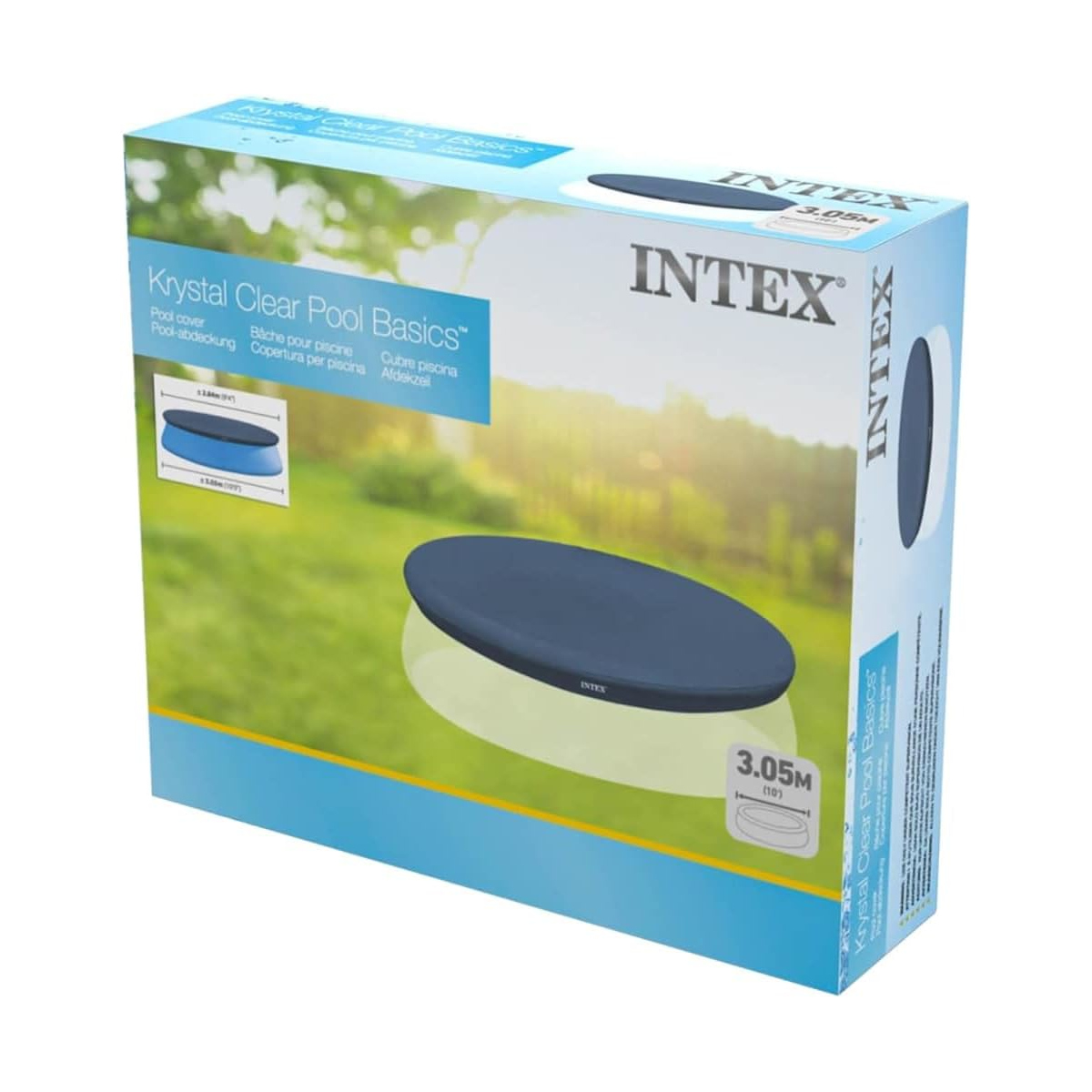 Schachtel mit Intex Krystal Clear Pool Basics. Zeigt eine Poolabdeckung. Text enthält 'Poolabdeckung' und '3,05m'.