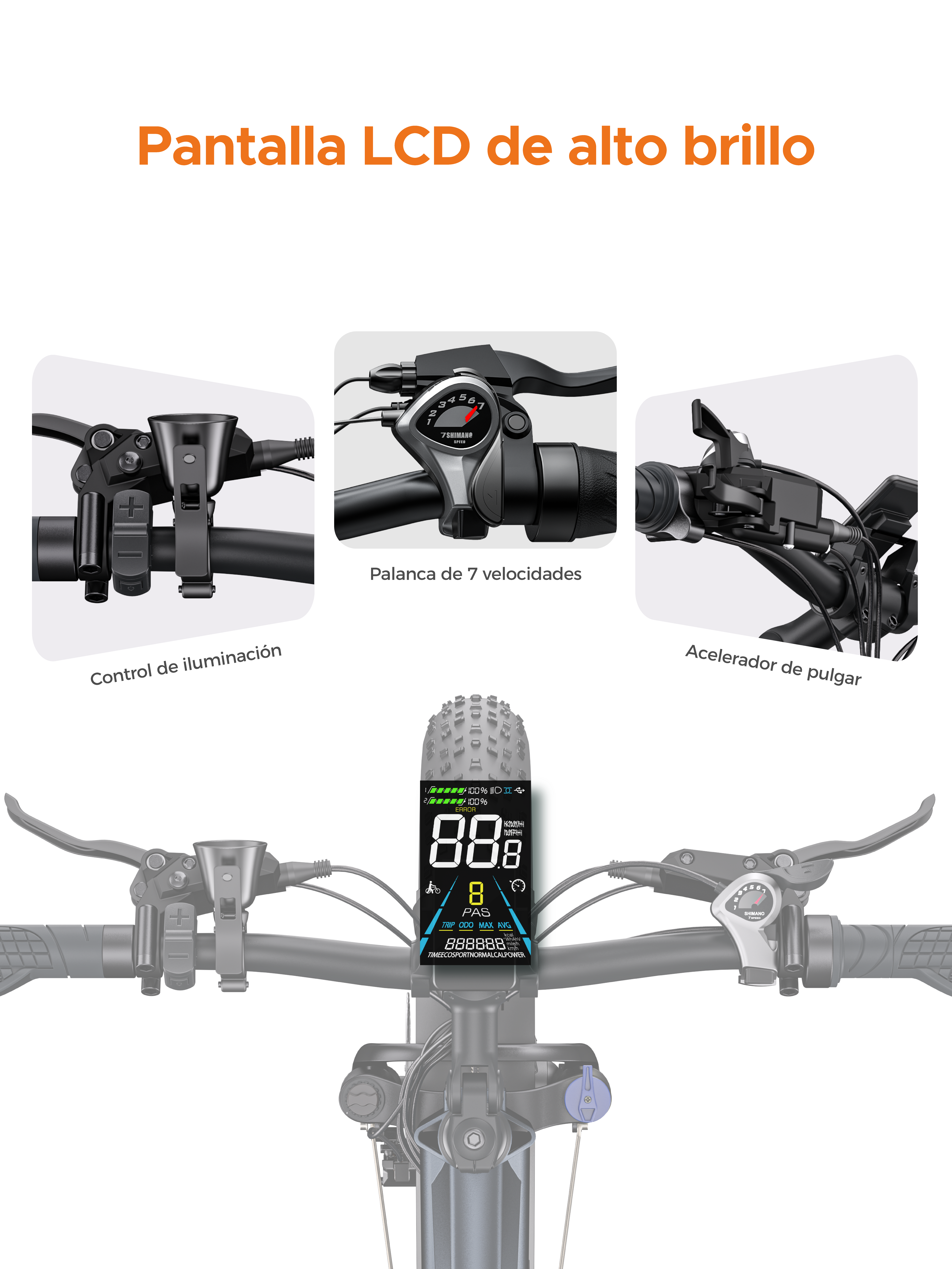 Ein E-Bike-Lenker mit LCD-Bildschirm, Bedienelementen und einem 7-Gang-Schalthebel. Der Bildschirm zeigt Geschwindigkeit.