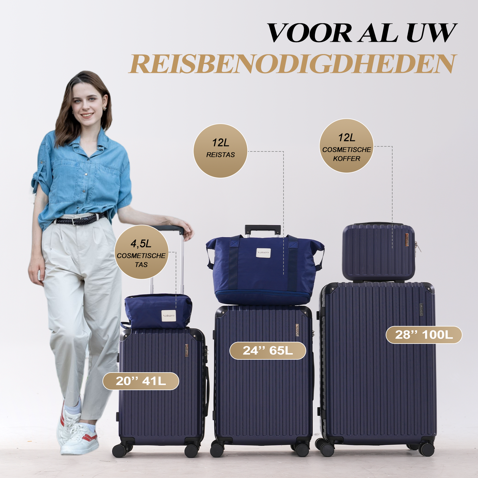 Een vrouw staat bij bagage. Er zijn drie koffers, een plunjezak en een cosmeticatas. Tekst luidt 'VOOR AL UW REISBENODIGDHEDEN'.