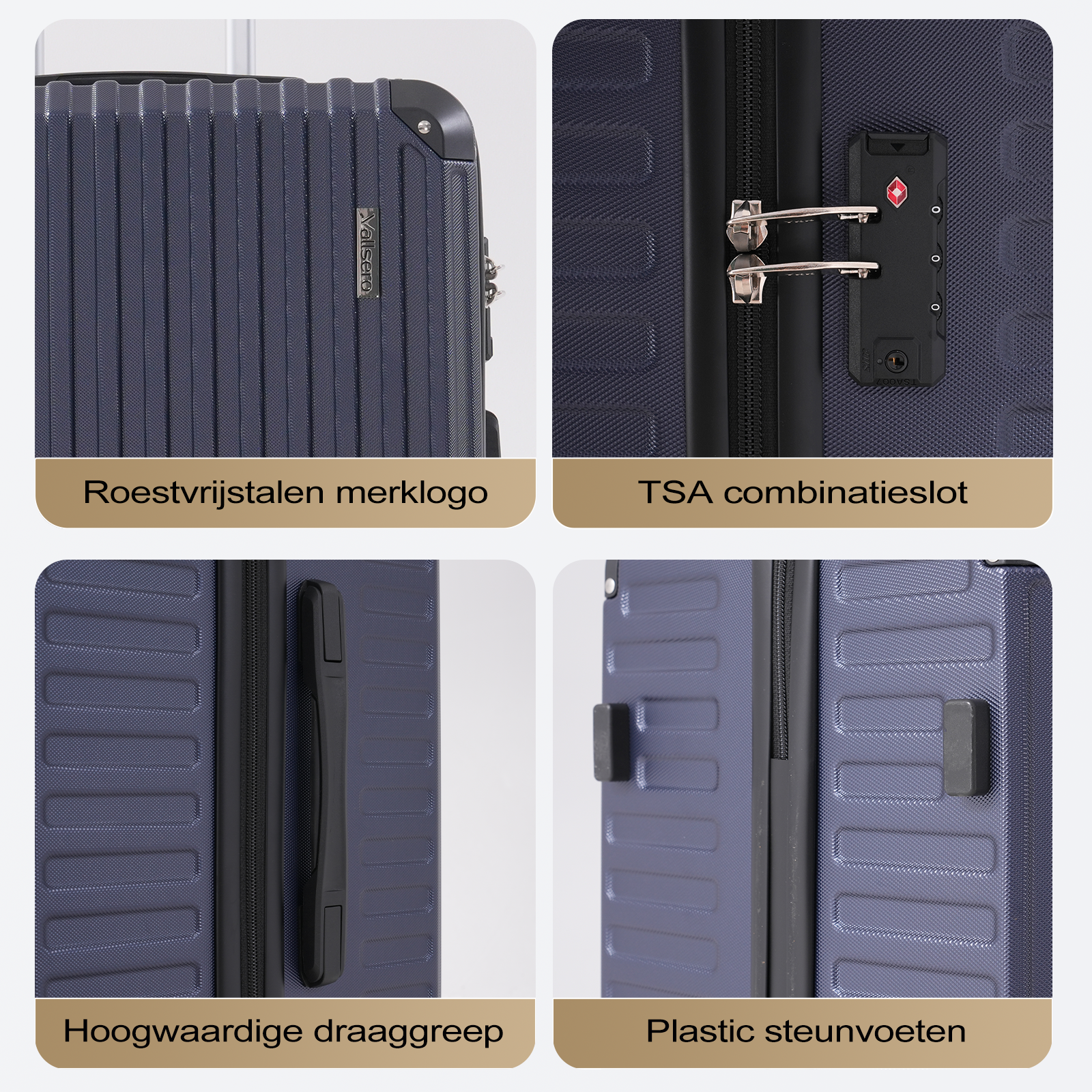 Close-up van een blauwe koffer met details zoals logo, TSA-slot, handvat en voeten.