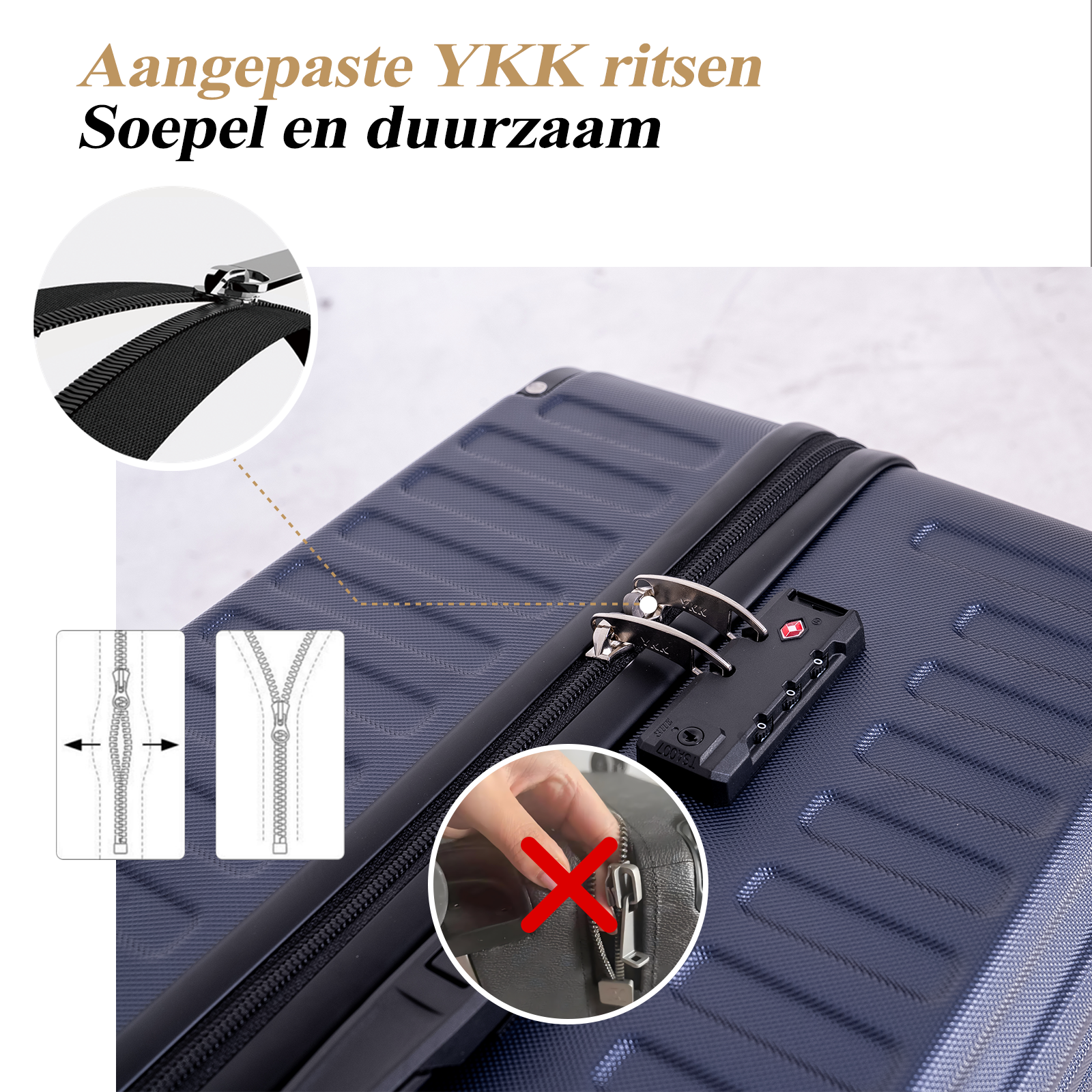Close-up van een donkerblauwe koffer met details van de rits en het slot. Een hand probeert een rits te sluiten.