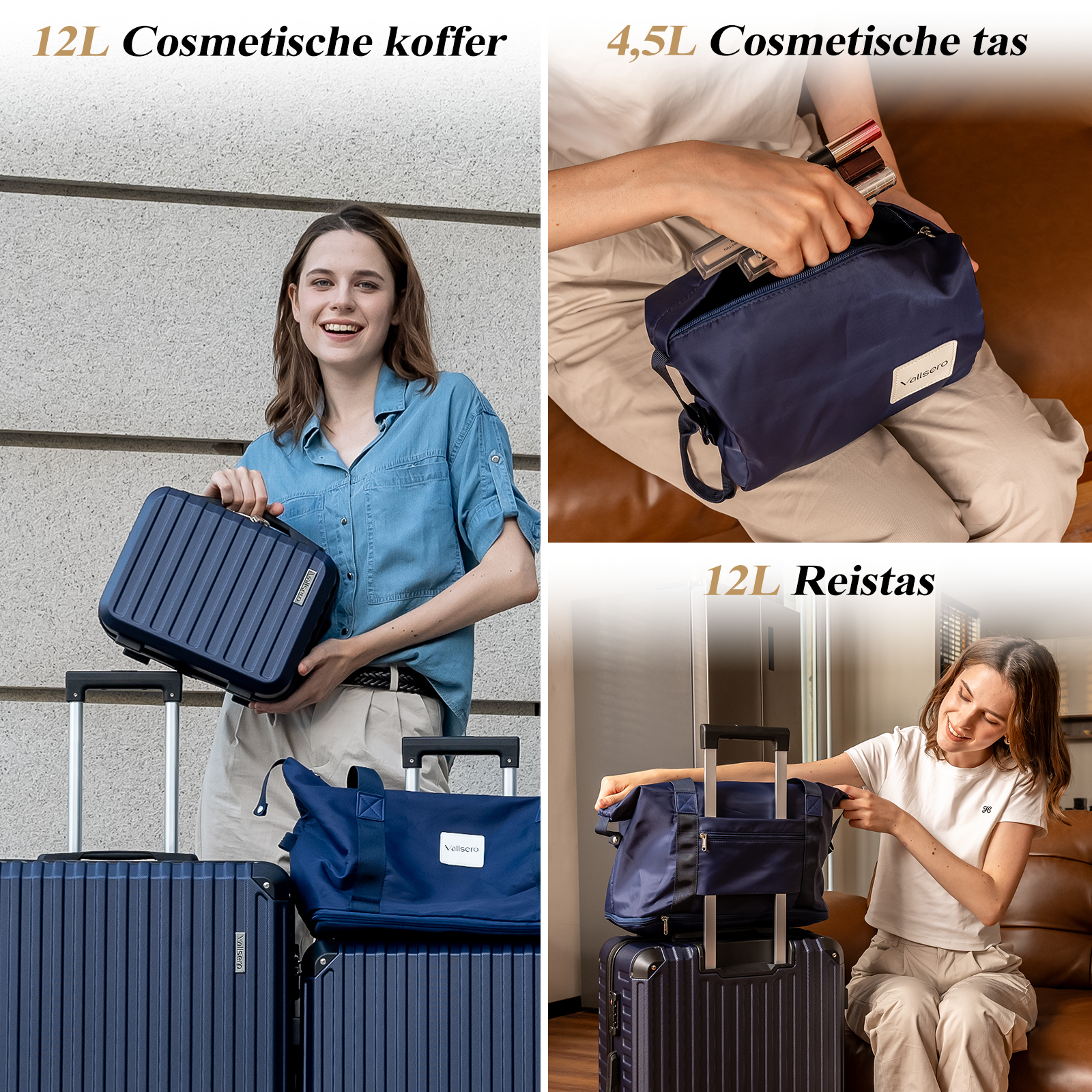 Afbeelding toont diverse cosmetische tassen en koffers. Een vrouw houdt een blauwe koffer vast, een ander opent een blauwe tas. Andere tassen staan op bagage.