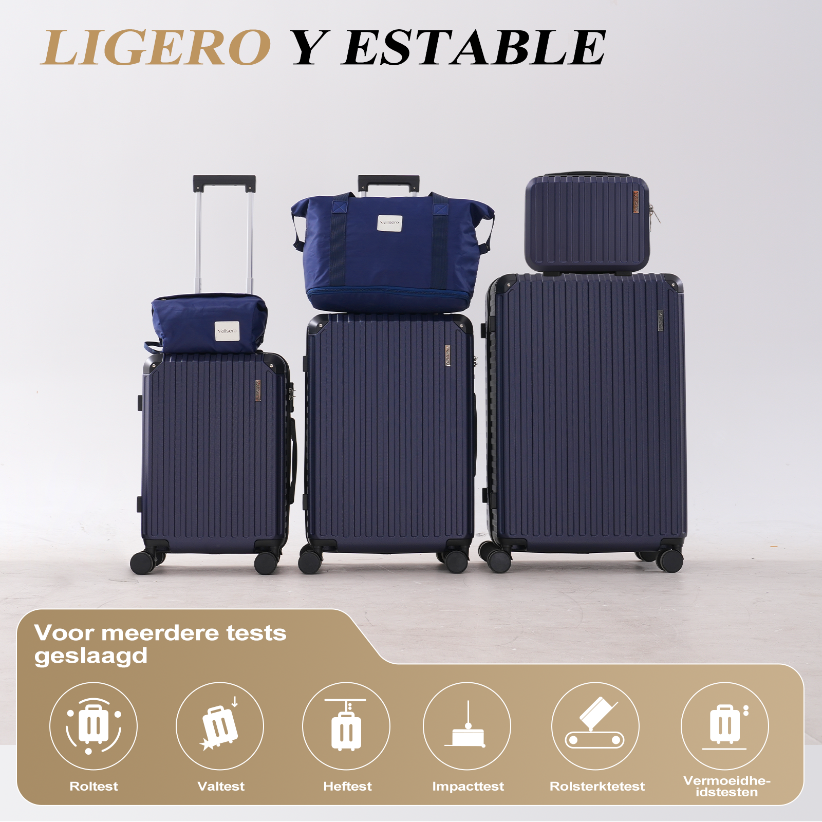 Marineblauwe bagageset. Inclusief rollende koffers en tassen, gerangschikt op een witte achtergrond. Tekst hierboven: 'LIGERO Y ESTABLE'.