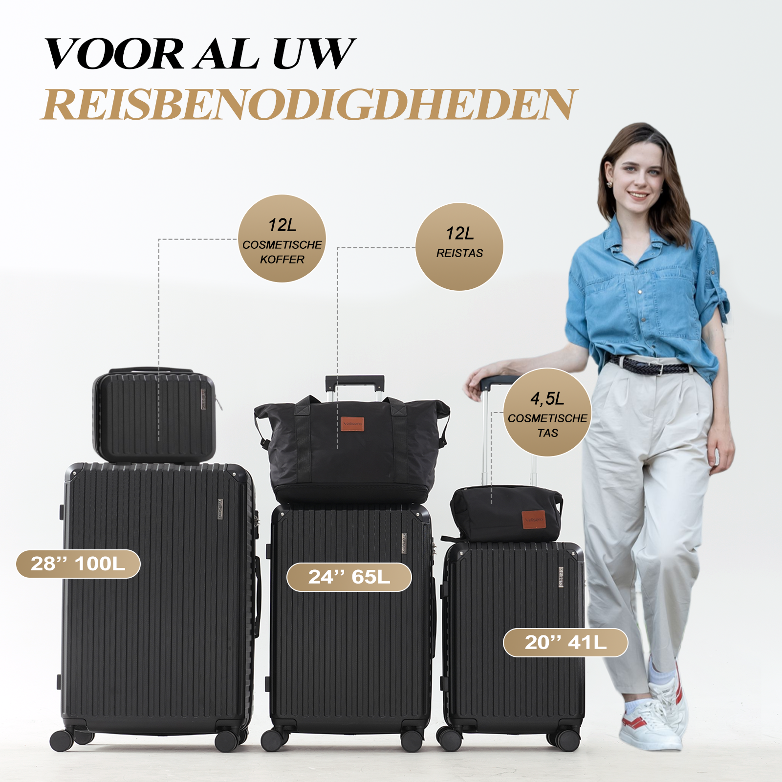 Een vrouw staat bij zwarte bagagesets. De tekst zegt 'VOOR AL UW REISBENODIGDHEDEN'. Tassen zijn onder meer koffers van 28", 24" en 20".