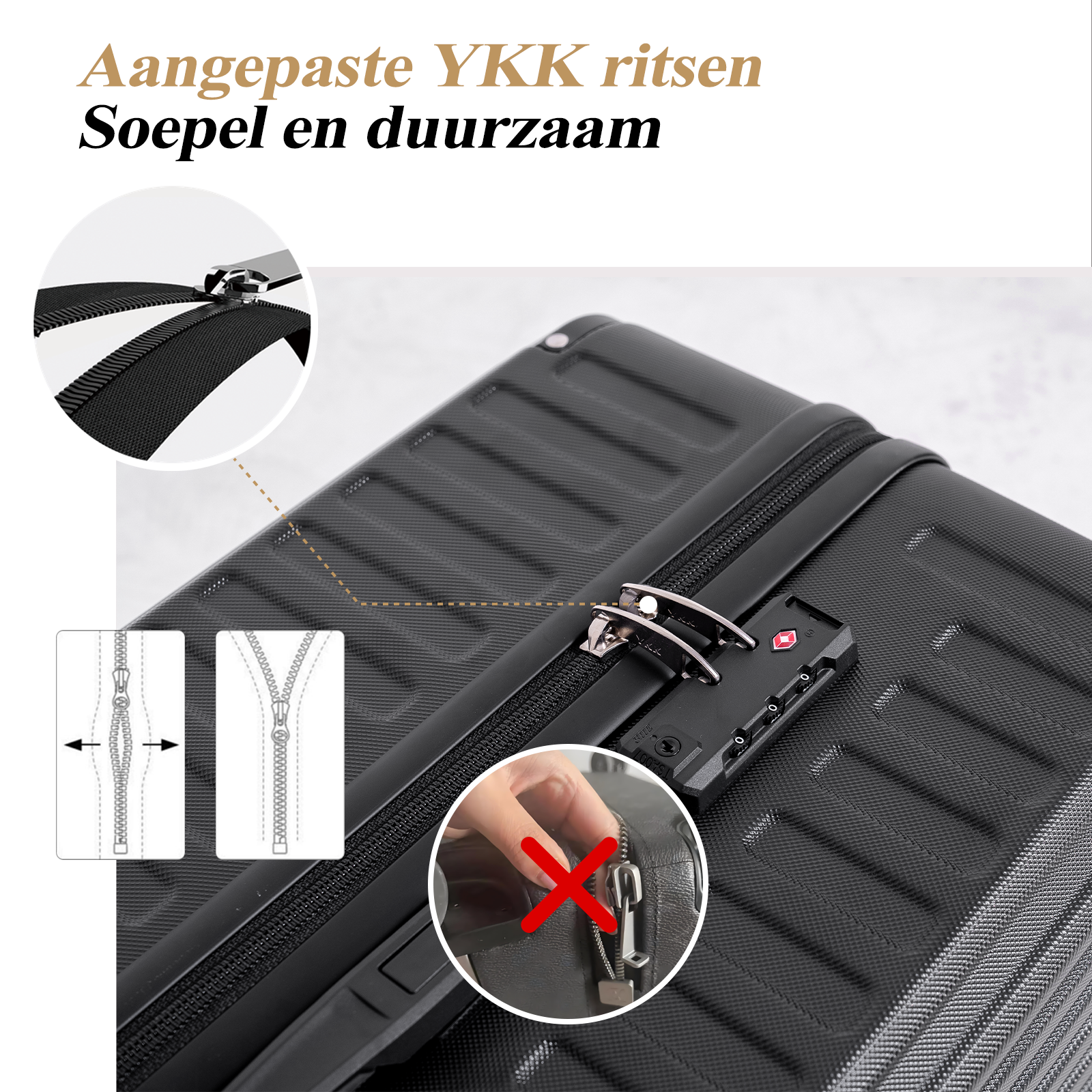 Een zwarte koffer met rits, slot en hand. De tekst luidt: 'Aangepaste YKK-ritsen. Soepel en duurzaam.'