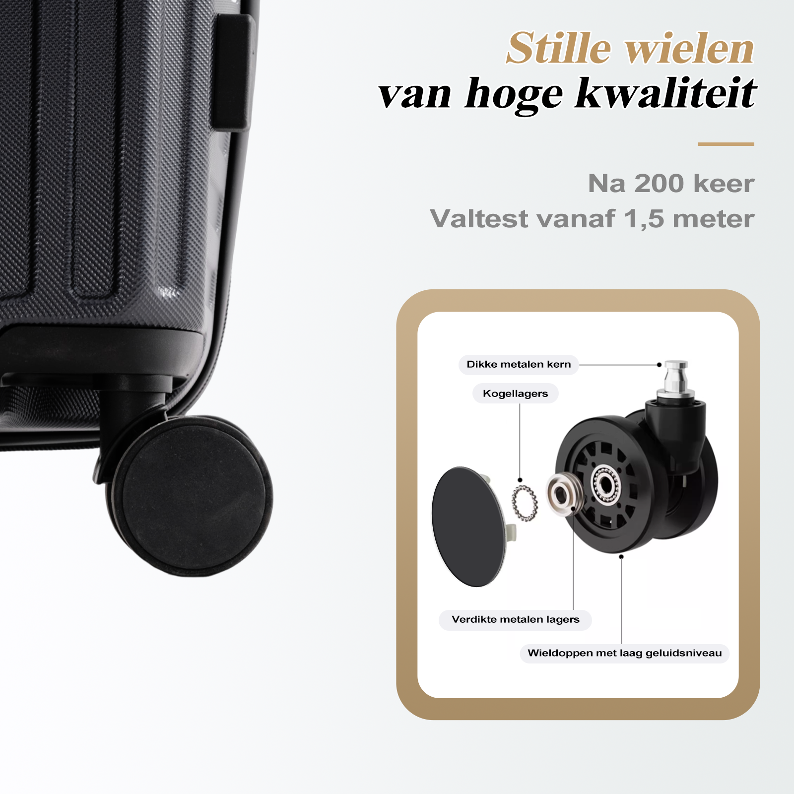 Afbeelding toont een kofferwiel met labels: dikke metalen kern, kogellagers, verdikte metalen lagers en geluidsarme wieldoppen.