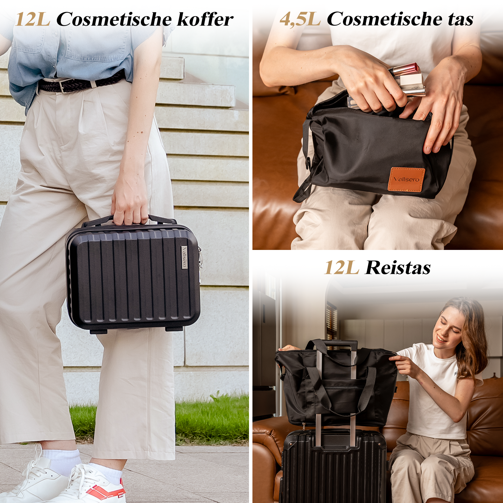 Afbeelding toont drie make-up tassen. Een persoon houdt een zwarte koffer vast, een ander opent een zwarte tas en een derde glimlacht.