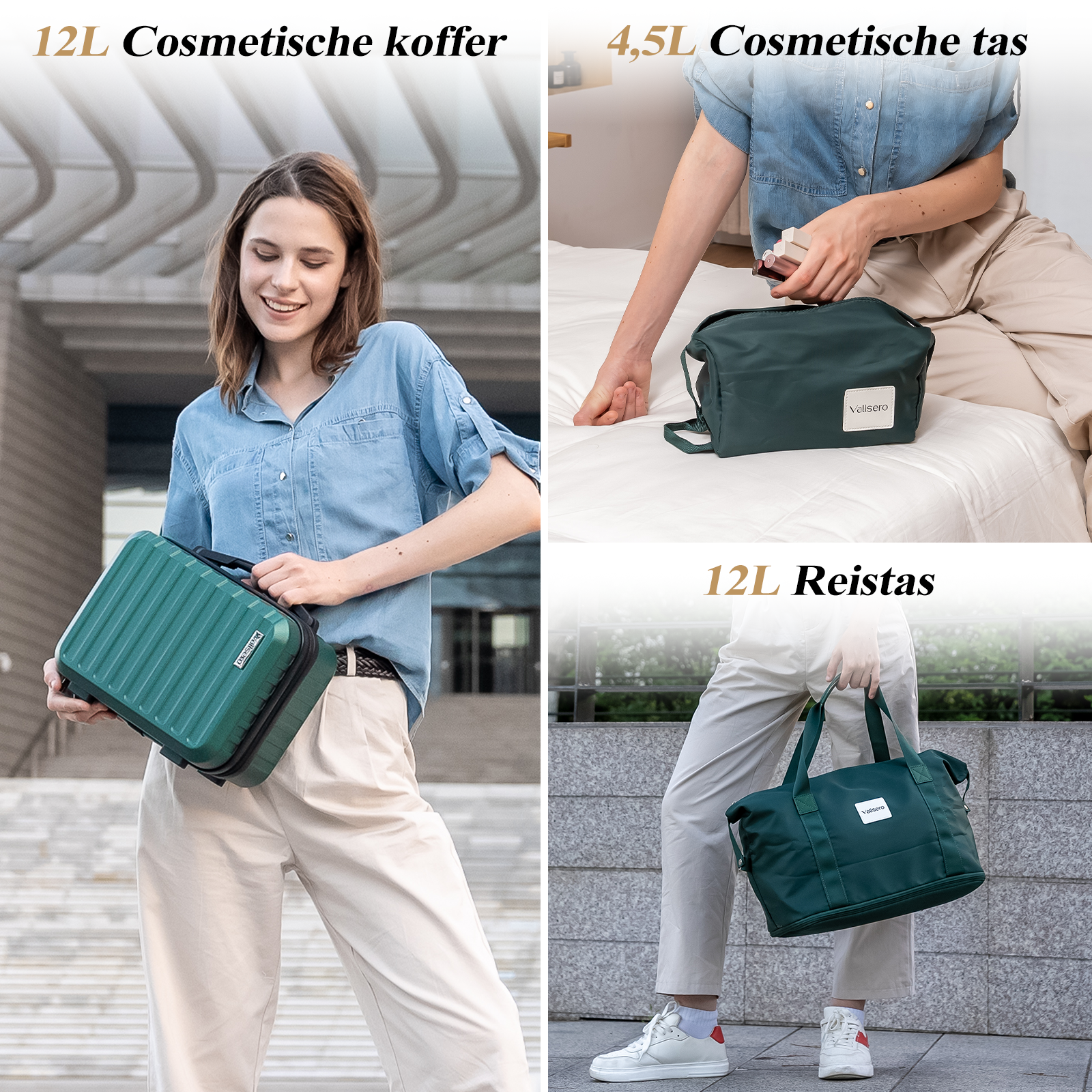 Drie afbeeldingen: een vrouw met een groene koffer, een persoon met een groene tas en een andere met een groene reistas.