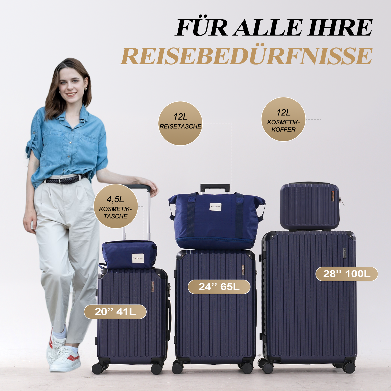 Eine Frau steht neben Gepäck verschiedener Größen. Der Text lautet 'Für alle Ihre Reisebedürfnisse'.