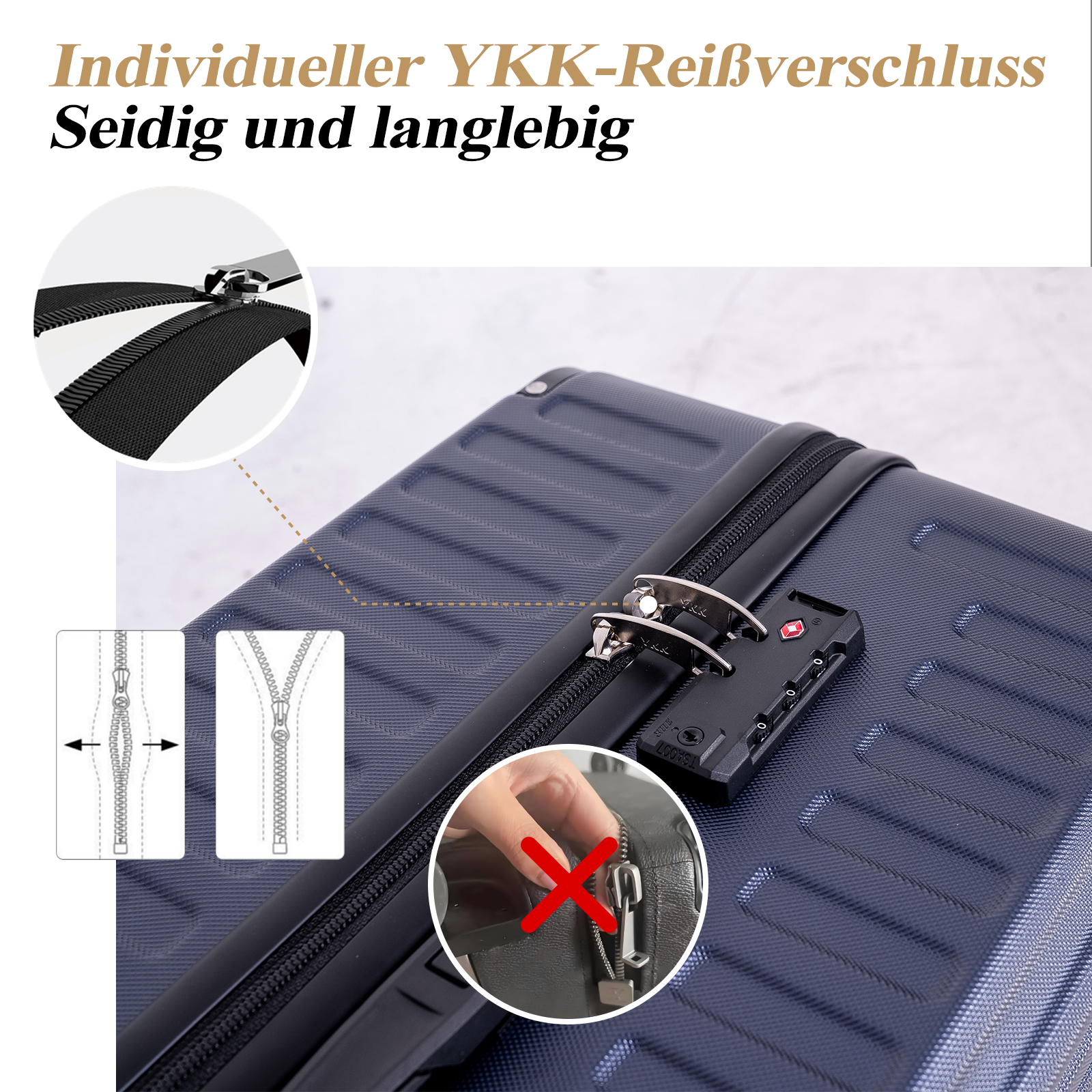 Nahaufnahme eines Koffers mit Reißverschluss, Schloss und Illustrationen. Text auf Deutsch. Eine Hand versucht, den Reißverschluss zu schließen, aber ein rotes X markiert ihn.