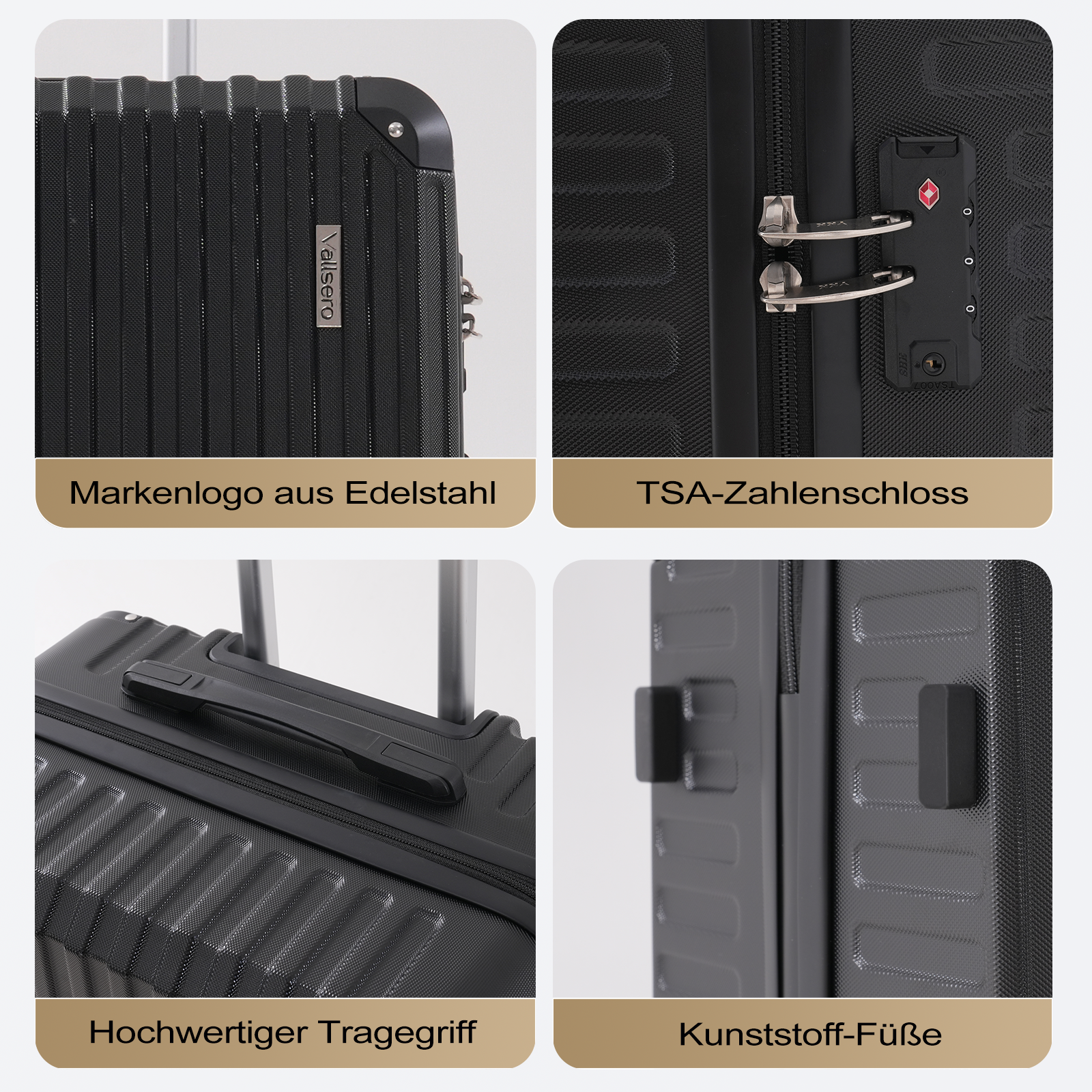 Nahaufnahme eines schwarzen Koffers mit Details: Metalllogo, TSA-Schloss, Griff und Kunststofffüße.