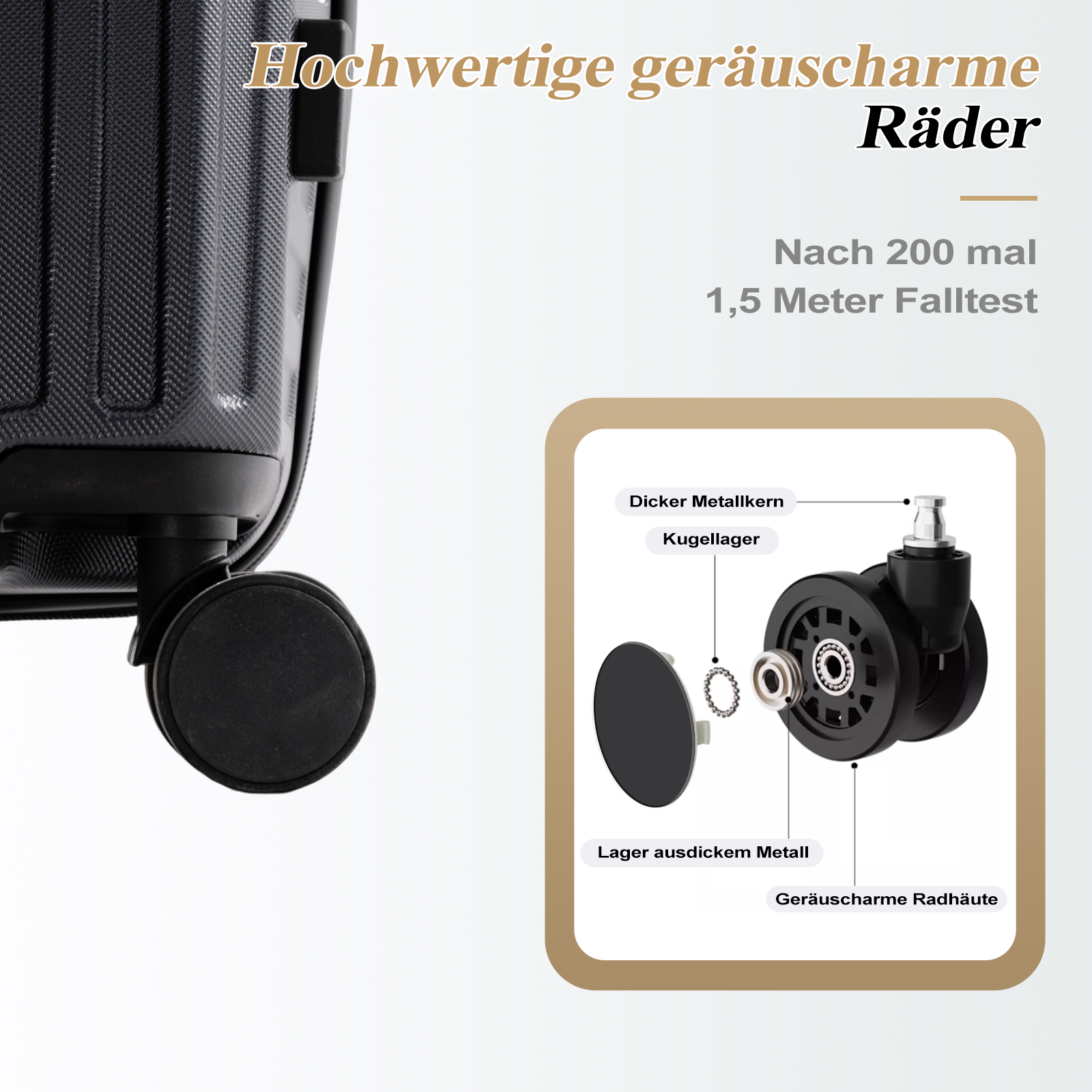 Das Bild zeigt ein schwarzes Koffer-Rad mit Text, der seine Eigenschaften detailliert: dicker Metallkern, Kugellager und geräuscharmes Radgehäuse.