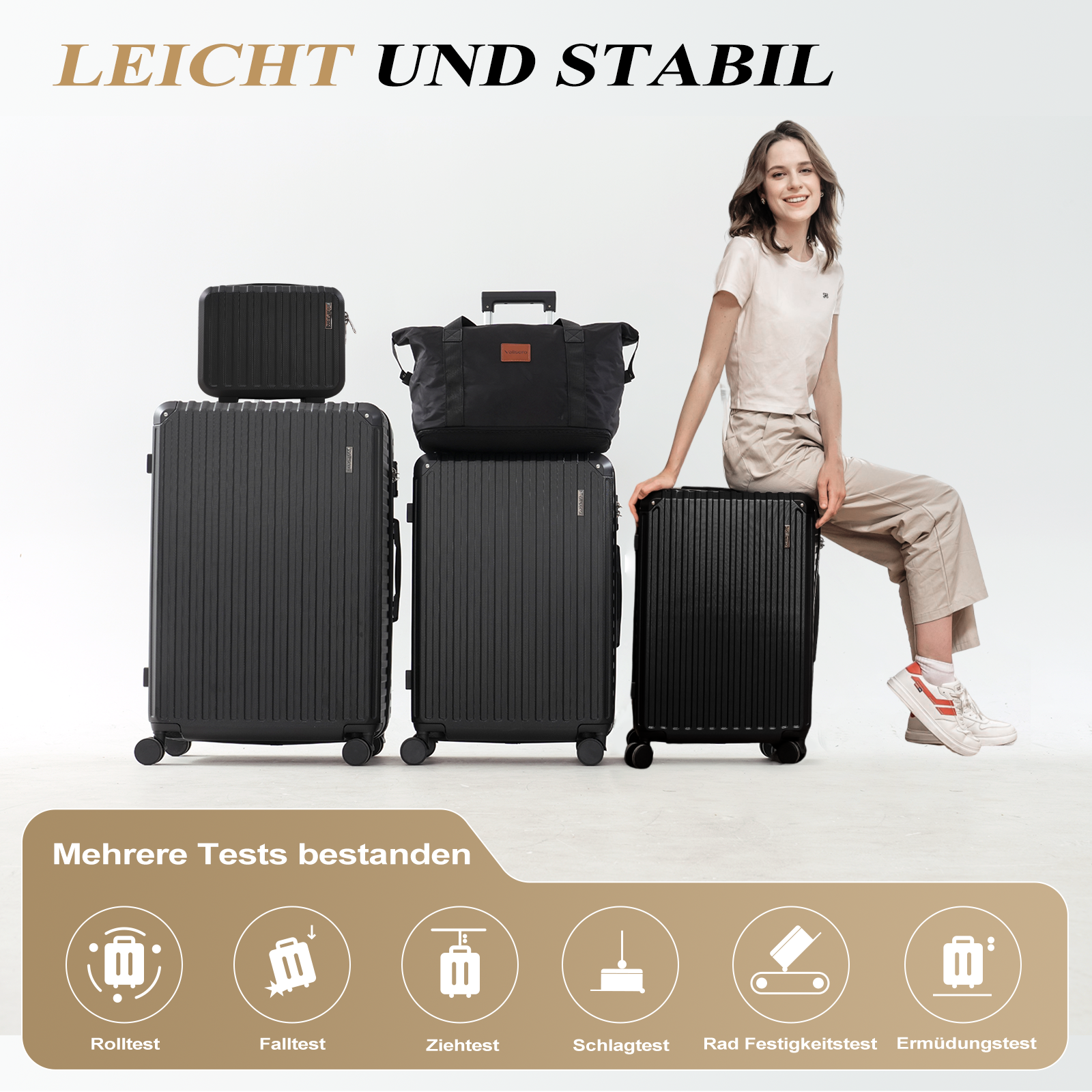 Eine Frau sitzt auf einem schwarzen Koffer. Es gibt drei schwarze Koffer und eine Tasche. Der Text lautet 'leicht und stabil'.