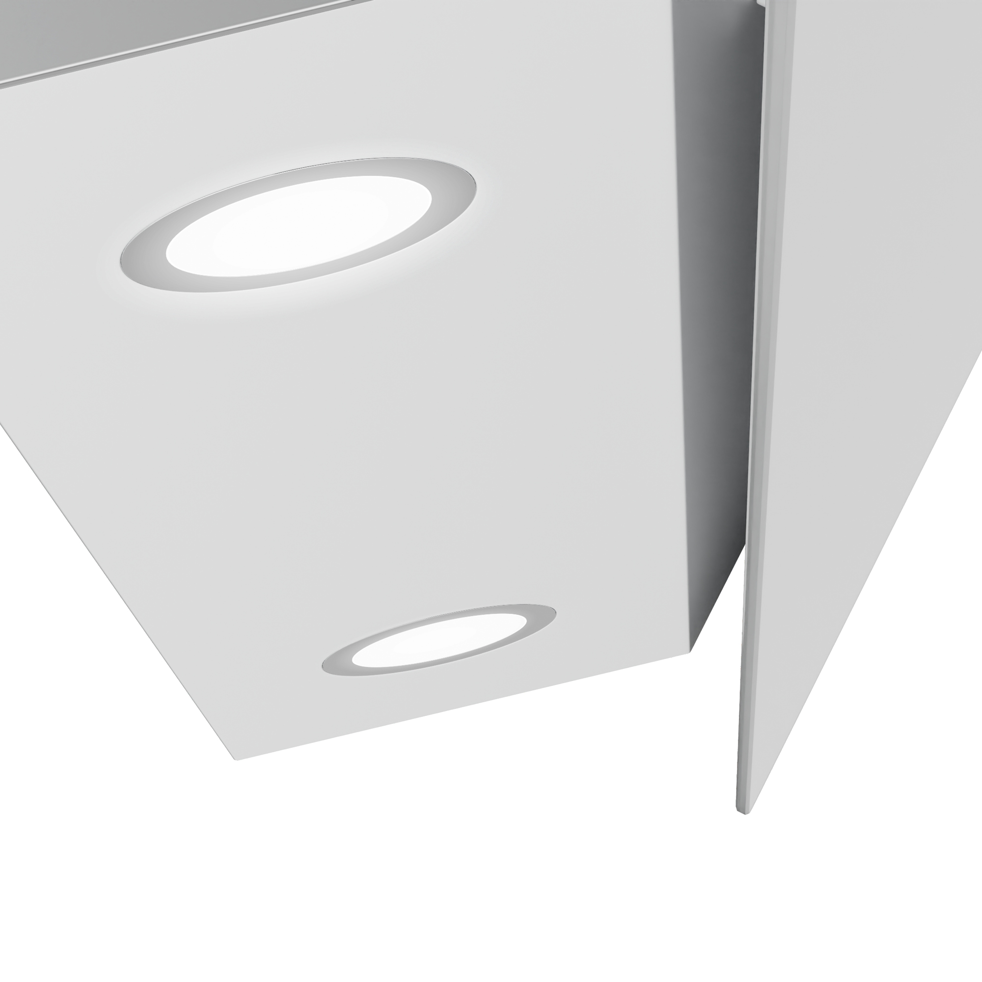 Un techo blanco con dos luces ovaladas y un panel vertical. Las luces están iluminadas. El fondo es blanco.