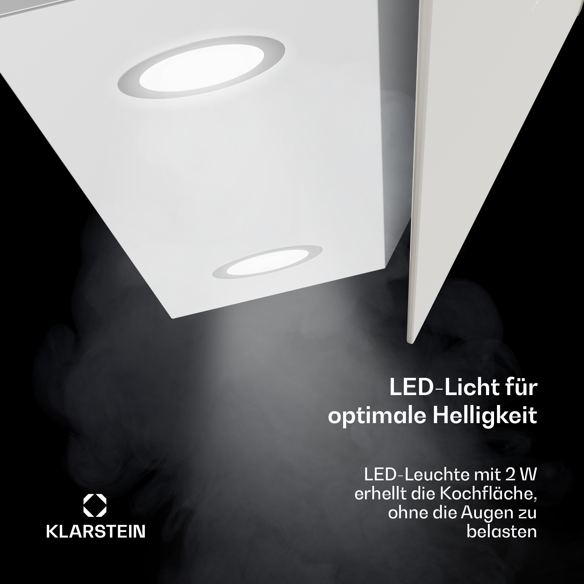 Una campana de cocina blanca con dos luces LED. El texto dice: Luz LED para un brillo óptimo. La marca es Klarstein.