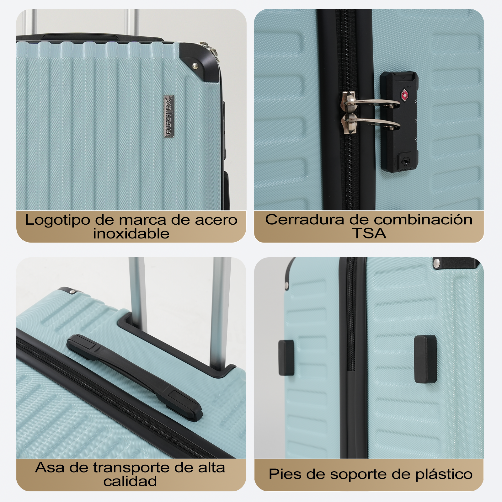 Una maleta azul claro con detalles: logotipo metálico, cerradura TSA, asa de alta calidad y pies de plástico, todo en primer plano.