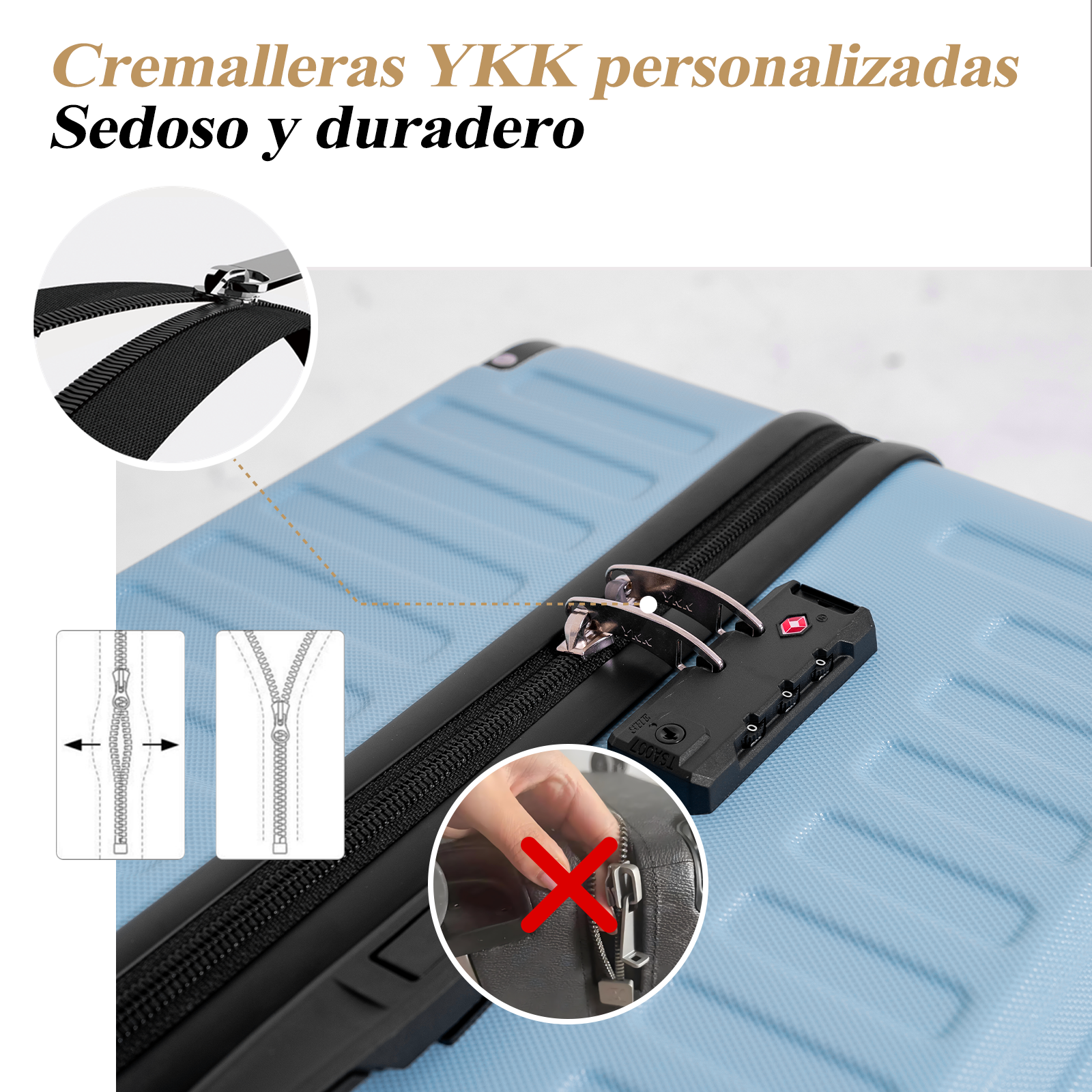 Una maleta con superficie azul texturizada. Se muestran detalles de cremalleras YKK y una cerradura, junto con diagramas y una mano.
