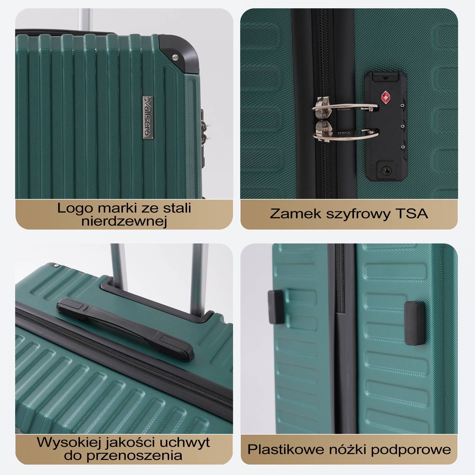 Szczegóły zielonej walizki. Zawiera zamek TSA, stalowe logo, uchwyt i plastikowe nóżki.